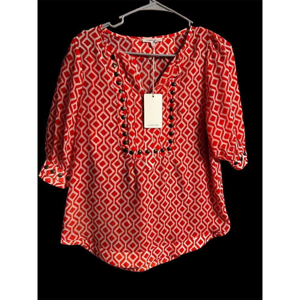 HAWTHORN Orange White Geometric Blouse Button Accents V-Neck 3/4 Sleeve S NEW